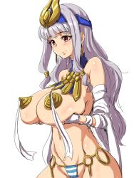 Rule 34 | 1girl, ancient princess menace, bandages, breast lift, breasts, clearite, cosplay, crown, huge breasts, idolmaster, idolmaster (classic), long hair, menace (cosplay), menace (queen&#039;s blade), menace (queen's blade), panties, pasties, queen&#039;s blade, red eyes, shijou takane, solo, striped clothes, striped panties, tassel, underwear, white background