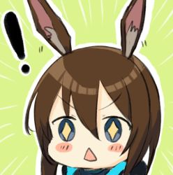 Rule 34 | !, + +, 1girl, amiya (arknights), animal ear fluff, animal ears, arknights, blue eyes, blush, blush stickers, brown hair, engiyoshi, green background, hair between eyes, open mouth, rabbit ears, simple background, solo, triangle mouth, upper body, yellow pupils