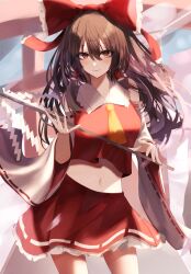 Rule 34 | 1girl, ascot, bare shoulders, blush, bow, breasts, brown eyes, brown hair, contrapposto, detached sleeves, frilled hair tubes, frilled shirt collar, frills, gohei, hair between eyes, hair bow, hair tubes, hakurei reimu, highres, holding, holding stick, imblossoms, large breasts, light smile, long hair, looking at viewer, midriff, navel, solo, stick, torii, touhou, very long hair, wide sleeves, yellow ascot
