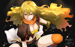 Rule 34 | 1girl, belt, black gloves, black shorts, blonde hair, breasts, brown jacket, buckle, cleavage, clenched hand, crop top, cropped jacket, fighting stance, gloves, grin, hair between eyes, highres, isshiki (ffmania7), jacket, kneehighs, large breasts, long hair, midriff, orange scarf, over-kneehighs, puffy short sleeves, puffy sleeves, red eyes, rwby, scarf, shirt, short sleeves, shorts, smile, socks, solo, squatting, thighhighs, waist cape, wavy hair, yang xiao long, yellow shirt