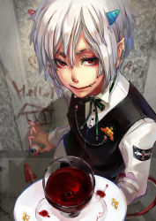 Rule 34 | 1boy, axis04, blood, collared shirt, demon, demon boy, demon tail, drinking glass, eyeball, fangs, glass, horns, jack-o&#039;-lantern, jack-o&#039;-lantern (symbol), looking at viewer, male focus, plate, pointy ears, red eyes, shirt, solo, tail, tray, waistcoat, white hair, white shirt, wine glass