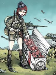 1girl absurdres aircraft blurry blurry_background boots fallschirmjaeger freckles garrison_cap glider gun hat highres jacket kneehighs liskim military military_jacket military_uniform original outdoors real_life red_hair short_hair shorts socks submachine_gun weapon world_war_ii