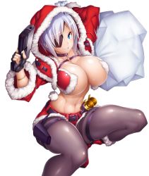 Rule 34 | 1girl, aina winchester, arms up, blue eyes, boots, breasts, christmas, cleavage, curvy, grin, happy, hat, highres, hood, hoodie, huge breasts, lilith-soft, looking at viewer, navel, no bra, pantyhose, potion (moudamepo), santa hat, shiny skin, short hair, silver hair, simple background, sitting, skirt, smile, solo, taimanin (series), taimanin asagi kessen arena, weapon, white background