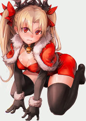 Rule 34 | 1girl, alternate costume, bad id, bad pixiv id, bent over, black gloves, black thighhighs, blonde hair, blush, breasts, capelet, cleavage, commentary request, cuffs, curvy, detached collar, dress, elbow gloves, ereshkigal (fate), fate/grand order, fate (series), fur-trimmed capelet, fur trim, gloves, hair ribbon, highres, hip focus, long hair, medium breasts, parted bangs, red dress, red eyes, red ribbon, ribbon, santa costume, seiza, short dress, simple background, sitting, skull, solo, srsojiro, sweatdrop, thick thighs, thighhighs, thighs, tiara, tohsaka rin, twintails, two side up, wide hips, wrist cuffs, zettai ryouiki