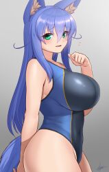 Rule 34 | 1girl, absurdres, animal ears, black one-piece swimsuit, blue hair, breasts, cat ears, cat tail, commentary request, competition swimsuit, gradient background, green eyes, grey background, highres, kyu (wein-seria), large breasts, long hair, one-piece swimsuit, original, solo, standing, swimsuit, tail
