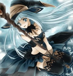 Rule 34 | blue eyes, blue hair, breasts, cleavage, hat, lowres, midriff, staff, thighhighs, witch, witch hat
