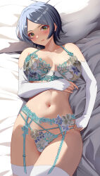 1girl absurdres akihiro0920 bed_sheet blue_eyes blue_hair blush bra breasts bridal_gauntlets collarbone commentary_request commission elbow_gloves fingerless_gloves garter_belt garter_straps gloves green_bra green_panties hayami_kanade highres idolmaster idolmaster_cinderella_girls lingerie lying medium_breasts multi-strapped_panties navel on_back on_bed panties panty_pull parted_lips pillow pixiv_commission short_hair sidelocks smile solo thighhighs underwear white_thighhighs