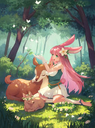 Rule 34 | 1girl, afk arena, animal, animal ears, bare arms, bare shoulders, bug, bush, butterfly, character request, closed eyes, collar, dappled sunlight, day, deer, fawn, flower, forest, full body, gloves, grass, green eyes, green shirt, hair flower, hair ornament, head wreath, highres, insect, leaf, long hair, miniskirt, naimiaomiaomiaomiao, nature, on floor, on grass, outdoors, pink hair, pleated skirt, rabbit ears, rabbit tail, shirt, sitting, skirt, sleeveless, sleeveless shirt, solo, sunlight, tree, white collar, white gloves, white skirt, yokozuwari