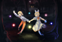 Rule 34 | 1boy, 1girl, arm up, begging, black footwear, blonde hair, blue eyes, boots, bottle, bow, brother and sister, brown legwear, cabin, chrono story (vocaloid), crescent moon, dated, doblemjwn, dress, evillious nendaiki, fog, forest, glowing, hair bow, hair ornament, hairclip, holding hands, highres, hut, kagamine len, kagamine rin, leaf, looking up, moon, nature, night, night sky, open mouth, orange pants, outstretched arms, pants, pigeon-toed, seven deadly sins, shirt, shoes, short hair, siblings, signature, sky, sparkle, standing, standing on one leg, star (symbol), twins, vocaloid, white dress, white legwear, white shirt