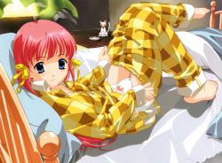 Rule 34 | 1girl, barefoot, bed, blue eyes, cat, clothes pull, hair ribbon, happoubi jin, pajamas, panties, pants, pants pull, pulling own clothes, red hair, ribbon, solo, underwear, white cat