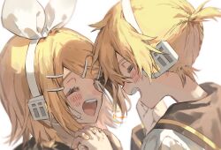 Rule 34 | 1boy, 1girl, black sailor collar, blonde hair, blush, bow, close-up, closed eyes, facing another, forehead-to-forehead, hair between eyes, hair bow, happy, headphones, heads together, highres, holding hands, kagamine len, kagamine rin, looking at another, memeppo, multiple hairpins, open mouth, sailor collar, signature, teeth, upper teeth only, vocaloid, white background, yellow nails