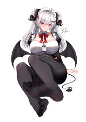 Rule 34 | 1girl, absurdres, blush, demon girl, demon tail, demon wings, feet, highres, horns, lanyard, long hair, looking at viewer, maid headdress, pantyhose, pink eyes, pointy ears, soles, tail, toes, twintails, white hair, wings, yanyanzi