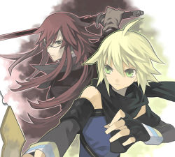 Rule 34 | 00s, 2boys, blonde hair, emil castagnier, fingerless gloves, glasses, gloves, green eyes, long hair, male focus, multiple boys, red hair, richter abend, scarf, sword, tales of (series), tales of symphonia, tales of symphonia: dawn of the new world, weapon