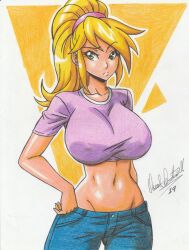 Rule 34 | 1girl, 2019, blonde hair, breasts, collarbone, cowboy shot, crop top, denim, female focus, green eyes, hand on own hip, highres, jeans, large breasts, midriff, navel, nina (sanity not included), pants, ponytail, purple shirt, ravernclouk design, sanity not included, shirt, short sleeves, simple background, solo, traditional media