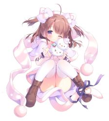 Rule 34 | 1girl, ;), ahoge, animal ears, aran sweater, blue bow, blush, boots, bow, brown footwear, brown hair, cable knit, capelet, cat ears, cat girl, cat hair ornament, cat tail, closed mouth, commentary request, convenient censoring, cross-laced footwear, fake animal ears, full body, fur-trimmed capelet, fur-trimmed skirt, fur trim, hair bow, hair ornament, hands up, highres, hood, hood down, hooded jacket, jacket, knees together feet apart, knees up, lace-up boots, long hair, looking at viewer, one eye closed, original, piyodera mucha, purple bow, purple capelet, purple eyes, purple skirt, scarf, skirt, smile, solo, striped, striped bow, sweater, tail, tail bow, tail ornament, thighhighs, two side up, white sweater, white thighhighs