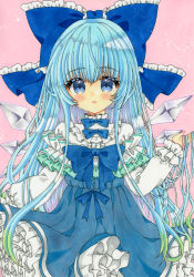 Rule 34 | 1girl, adapted costume, alternate hair length, alternate hairstyle, blue bow, blue dress, blue eyes, blue hair, blush, bow, bowtie, cirno, cowboy shot, dress, embellished costume, frills, hair bow, ice, ice wings, long hair, long sleeves, parted lips, pink background, puffy sleeves, shirt, simple background, sleeves past wrists, solo, touhou, traditional media, very long hair, white shirt, wings, zenra1112