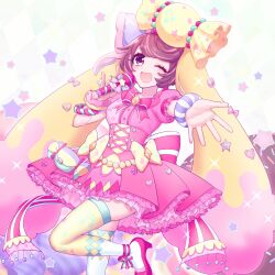 Rule 34 | 1girl, animal ears, brown eyes, brown hair, candy lapin (show by rock!!), dress, highres, holding, holding microphone, light blue background, looking at viewer, lop rabbit ears, mel6969, microphone, one eye closed, open mouth, pink dress, rabbit ears, rabbit girl, short hair, show by rock!!, smile, solo, star (symbol), thigh strap