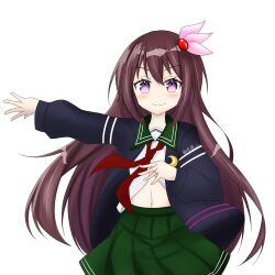 Rule 34 | 1girl, blue jacket, brown hair, clothes lift, commentary request, cowboy shot, crescent, crescent pin, cvtm, green sailor collar, green skirt, hair ornament, highres, jacket, jewelry, kantai collection, kisaragi (kancolle), lifting own clothes, long hair, navel, neckerchief, purple eyes, red neckerchief, ring, sailor collar, school uniform, serafuku, shirt lift, skirt, smile, solo, wedding ring