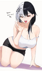 Rule 34 | 1girl, bare shoulders, black eyeliner, black hair, black shorts, breasts, camisole, cleavage, collarbone, ear piercing, earrings, eyelashes, eyeliner, fellatio gesture, grey hair, hair ornament, hair over shoulder, hand rest, highres, hololive, hololive english, jewelry, kneeling, ku roiko, large breasts, long hair, looking at viewer, makeup, multicolored hair, naughty face, navel, piercing, sexually suggestive, shiori novella, short shorts, shorts, smile, solo, split-color hair, strap slip, tank top, thick thighs, thighs, two-tone hair, virtual youtuber, white camisole, white hair, white tank top, yellow eyes
