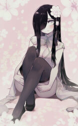 Rule 34 | 1girl, aria wintermint, ass, black footwear, black hair, black panties, black thighhighs, blush, breasts, china dress, chinese clothes, cleavage, cleavage cutout, clothing cutout, dress, floral background, floral print, flower, green eyes, green ribbon, hair flower, hair ornament, hands on own thighs, highres, large breasts, legs, long hair, looking at viewer, neck ribbon, on floor, panties, parororo, ribbon, sideboob, smile, solo focus, swept bangs, the crawling city, thighhighs, underwear, very long hair, white dress, white flower