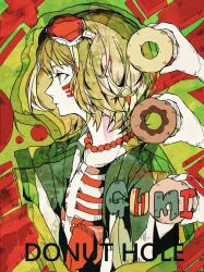 Rule 34 | 1girl, 3kuma, 3others, :|, arms at sides, bead necklace, beads, closed mouth, collarbone, colored skin, donut hole (vocaloid), doughnut, expressionless, facial mark, food, goggles, goggles on head, green background, green eyes, green hair, green jacket, gumi, hair between eyes, highres, holding, holding food, jacket, jewelry, looking ahead, multiple others, necklace, open clothes, open jacket, out of frame, profile, red background, shirt, short hair, sidelocks, signature, solo focus, two-tone background, upper body, vocaloid, white shirt, white skin