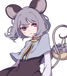 Rule 34 | 1girl, absurdres, animal, animal ears, basket, black dress, blush stickers, capelet, closed mouth, dress, grey capelet, grey hair, highres, jewelry, kame (kamepan44231), long sleeves, mouse (animal), mouse ears, mouse tail, nazrin, one-hour drawing challenge, pendant, red eyes, short hair, simple background, solo, tail, touhou, upper body, white background
