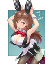 Rule 34 | 1girl, alice gear aegis, alternate costume, animal ears, araki (qbthgry), black leotard, blue background, blush, breasts, brown eyes, brown hair, covered navel, detached collar, fake animal ears, highleg, highleg leotard, highres, large breasts, leotard, long hair, looking at viewer, playboy bunny, rabbit ears, showgirl skirt, smile, solo, strapless, strapless leotard, usamoto anna, white background, wrist cuffs