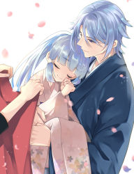 Rule 34 | 1boy, 1girl, ayaka (genshin impact), blue eyes, blue hair, brother and sister, carrying, closed eyes, genshin impact, highres, japanese clothes, kamisato ayato, kimono, petals, princess carry, siblings, simple background, standing, tarou (you-0512), white background