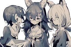 Rule 34 | 3girls, alternate costume, animal ear fluff, animal ears, asymmetrical hair, braid, breasts, closed mouth, commentary, ear piercing, empty eyes, expressionless, fox ears, glasses, greyscale, hair between eyes, hair ornament, hair ribbon, hands on own chest, hololive, letter, long hair, looking at another, looking at viewer, love letter, monochrome, multicolored hair, multiple girls, ookami mio, oozora subaru, open mouth, piercing, ponytail, pov, ribbon, sailor collar, school uniform, serafuku, shirakami fubuki, short hair, side braid, simple background, single braid, sleeves past wrists, small breasts, smile, staring, streaked hair, tamo (gaikogaigaiko), translated, two-tone hair, upper body, virtual youtuber, white background, wolf ears