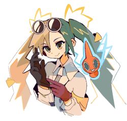 Rule 34 | 1girl, adjusting clothes, adjusting gloves, black gloves, blonde hair, blue hair, blush, collared shirt, creatures (company), cropped torso, electric miku (project voltage), eyewear on head, game freak, gen 4 pokemon, gloves, hair between eyes, hatsune miku, highres, light brown hair, long hair, multicolored hair, nintendo, pokemon, pokemon (creature), project voltage, red gloves, rotom, rotom (normal), shirt, simple background, smile, sunglasses, suuroku, twintails, upper body, very long hair, vocaloid, white background, white shirt