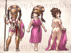 Rule 34 | 3girls, ancient greek clothes, armor, aspis, ass, back, brown eyes, brown hair, completely nude, dress, foot wraps, greaves, greco-roman clothes, helmet, highres, holding, holding polearm, holding weapon, hoplite, ironlily, linothorax, looking back, multiple girls, muscular, muscular female, nude, original, pink dress, plume, polearm, shield, spear, toned, undressing, weapon