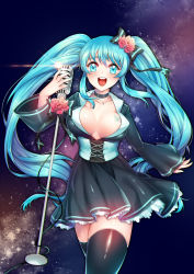 Rule 34 | 1girl, black thighhighs, blue eyes, blue hair, breasts, butterfly tattoo, choker, corset, cowboy shot, dress, hatsune miku, large breasts, long hair, looking at viewer, matching hair/eyes, microphone, microphone stand, open mouth, rewolf, solo, tattoo, thighhighs, twintails, very long hair, vocaloid