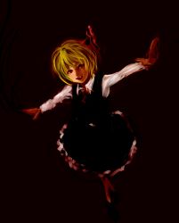 Rule 34 | 1girl, bad id, bad pixiv id, black background, blonde hair, blouse, dark, darkness, fang, hair ribbon, highres, lisitsa, long sleeves, open mouth, outstretched arms, red eyes, ribbon, rumia, shirt, short hair, sketch, smile, solo, spread arms, touhou, vest