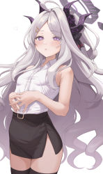 Rule 34 | 1girl, :o, absurdres, ahoge, black skirt, black thighhighs, blue archive, blush, curled horns, demon horns, flat chest, grey hair, hair ornament, hairpin, halo, heart, highres, hina (blue archive), horns, long hair, looking at viewer, multiple horns, own hands together, pencil skirt, purple eyes, shirt, simple background, skirt, sleeveless, sleeveless shirt, solo, takio (kani sama), thighhighs, very long hair, white background, white shirt