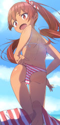 Rule 34 | 10s, 1girl, adjusting clothes, adjusting swimsuit, ass, awachi, bikini, brown eyes, brown hair, cameltoe, dark-skinned female, dark skin, fang, highres, kantai collection, lens flare, libeccio (kancolle), long hair, looking back, open mouth, revision, smile, solo, swimsuit, thigh gap, twintails