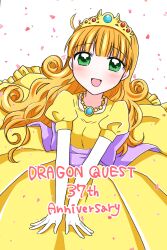 Rule 34 | 1girl, blush, commentary request, curly hair, dragon quest, dragon quest i, dress, elbow gloves, english text, gloves, green eyes, highres, jewelry, long hair, necklace, open mouth, orange hair, ouba reiya, princess, princess laura, puffy sleeves, smile, tiara, white gloves, yellow dress