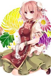 Rule 34 | 1girl, arm garter, bandages, bandaged arm, bandages, blush, breasts, brown footwear, bun cover, chain, chinese clothes, cuffs, double bun, floral background, flower, full body, green skirt, hair bun, highres, ibaraki kasen, looking at viewer, medium breasts, pink eyes, pink flower, pink hair, pink rose, ponta (wwtaimeww), puffy short sleeves, puffy sleeves, rose, shackles, shoes, short hair, short sleeves, sitting, skirt, solo, tabard, touhou