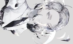 Rule 34 | 1other, androgynous, black necktie, cairngorm (houseki no kuni), closed mouth, commentary, crystal hair, damaged, english commentary, eyelashes, formal, gem uniform (houseki no kuni), grey background, grey eyes, grey hair, grey theme, houseki no kuni, jacket, looking at viewer, multicolored hair, necktie, other focus, portrait, severed torso, shards, short hair, sideways, sideways glance, sleepless (wrysmile), streaked hair, suit, white jacket