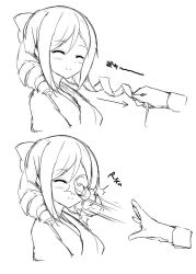 Rule 34 | 10s, 1girl, blush, commentary, drill hair, closed eyes, grabbing another&#039;s hair, greyscale, hair between eyes, harukaze (kancolle), japanese clothes, kantai collection, kimono, long hair, long sleeves, monochrome, orihi chihiro, smile, upper body