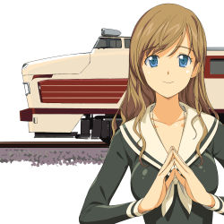 Rule 34 | 00s, 1girl, a1 (initial-g), absurdres, blue eyes, breasts, brown hair, female focus, highres, jewelry, locomotive, maria-sama ga miteru, necklace, non-web source, school uniform, smile, solo, steepled fingers, toudou shimako, train, white background
