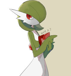 Rule 34 | 1girl, apios, bad id, bad pixiv id, bob cut, brown background, closed mouth, colored skin, creatures (company), dated, female focus, flat chest, game freak, gardevoir, gardevoir day, gen 3 pokemon, green hair, green skin, hair over one eye, hands up, highres, looking to the side, multicolored skin, nintendo, own hands together, pokemon, pokemon (creature), red eyes, short hair, simple background, solo, standing, two-tone background, two-tone skin, upper body, white background, white skin