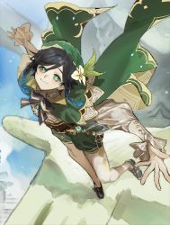 Rule 34 | 1boy, androgynous, argyle, argyle clothes, argyle legwear, bard, beret, black hair, blue hair, bow, bowtie, braid, cape, corset, flower, frilled sleeves, frills, full body, genshin impact, gradient hair, green cape, green eyes, green hat, green shorts, hair between eyes, hair flower, hair ornament, hat, highres, loafers, male focus, multicolored hair, outstretched arms, pantyhose, shirt, shoes, short hair with long locks, shorts, simple background, smile, solo, striped bow, striped bowtie, striped clothes, talesofmea, twin braids, venti (genshin impact), white shirt