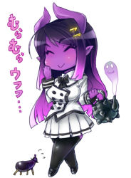 Rule 34 | ^ ^, black bow, black bowtie, black thighhighs, blush, bow, bowtie, breasts, closed eyes, closed mouth, collared shirt, colored skin, eggplant, flying sweatdrops, ghost, gradient hair, hand up, holding, horns, jacket, large breasts, long hair, multicolored hair, oni, oni horns, original, pleated skirt, pointy ears, purple hair, purple skin, shirt, simple background, skirt, skj, smile, solo, standing, teapot, thighhighs, walking, white background, white jacket, white shirt, white skirt, wing collar