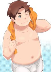 Rule 34 | 10s, 1boy, ;), absurdres, blue background, brown hair, closed mouth, cowboy shot, darling in the franxx, fat, fat man, futoshi (darling in the franxx), gradient background, grey eyes, halftone, highres, male focus, navel, one eye closed, orange towel, purasu no konbu, smile, solo, swimsuit, thick eyebrows, topless male, towel, wet, white background, wiping face
