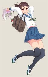 Rule 34 | 1girl, :d, bag, bag charm, black thighhighs, blue skirt, blush, brown hair, charm (object), commentary request, falling, full body, grey background, hi iro, holding, holding shoes, knees together feet apart, long sleeves, looking at viewer, neck ribbon, open mouth, original, pleated skirt, ponytail, red eyes, red ribbon, ribbon, school uniform, serafuku, shirt, shoes, shoulder bag, simple background, skirt, smile, solo, thighhighs, uwabaki, white footwear, white shirt