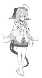 Rule 34 | 1girl, absurdres, ahoge, barefoot, blue archive, breasts, buttons, closed mouth, collared shirt, ddari, demon horns, full body, greyscale, hair intakes, highres, holding, holding removed eyewear, horns, kasumi (blue archive), long hair, long sleeves, monochrome, shirt, shorts, simple background, small breasts, solo, tail, unworn eyewear, white background
