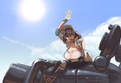 Rule 34 | absurdres, breasts, elbow pads, fingerless gloves, fio germi, gloves, gun, hat, highres, large breasts, metal slug, military, military vehicle, motor vehicle, solo, tank, tank top, taxexemption, vest, weapon