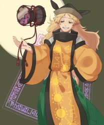 Rule 34 | 1girl, black hat, blonde hair, chinese clothes, constellation print, dagak, door, drum, green skirt, grin, hand on own hip, hat, highres, instrument, lace, long hair, matara okina, shirt, simple background, skirt, smile, solo, tabard, tassel, touhou, tricorne, turtleneck, white shirt, wide sleeves, yellow eyes