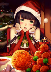 Rule 34 | 10s, 1girl, :d, absurdres, anchor choker, bare shoulders, black hair, blurry, blush, bow, chair, christmas, christmas tree, detached sleeves, food, food request, fur trim, green bow, green eyes, hair ornament, hands on own cheeks, hands on own face, hat, head rest, highres, holding, indoors, kantai collection, kirieroido iii, long hair, looking at viewer, mizuho (kancolle), open mouth, out of frame, plaid, plaid bow, plate, pom pom (clothes), pov, pov hands, red hat, red ribbon, restaurant, ribbon, santa costume, santa hat, smile, solo focus, soup, star (symbol), takoyaki, tongue, upper body, very long hair, wall