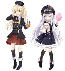 Rule 34 | 2girls, absurdres, aged down, beret, black dress, black footwear, black headwear, black jacket, black legwear, blonde hair, boots, closed mouth, hugging doll, dress, fanta, girls&#039; frontline, green eyes, hat, highres, jacket, kar98k (girls&#039; frontline), long hair, looking at viewer, m4 sopmod ii jr, military hat, multiple girls, necktie, hugging object, one eye closed, open mouth, ponytail, purple eyes, shirt, silver hair, skirt, smile, standing, stg44 (girls&#039; frontline), suprii, thighhighs, white background, white shirt